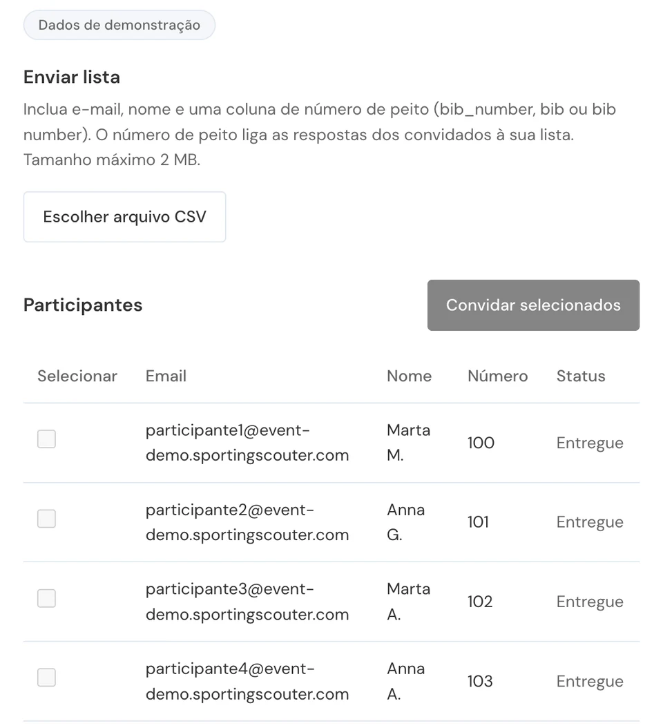 Tela para enviar sua lista de participantes